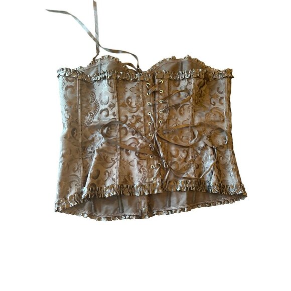 Silver Brocade Overbust Corset Top With Lace-Up Back & Ruffled Trim - Picture 3 of 4